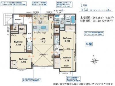 【深谷市稲荷町北　新築分譲全3棟/1号棟】駐車場並列3台可能！人気の平家住宅